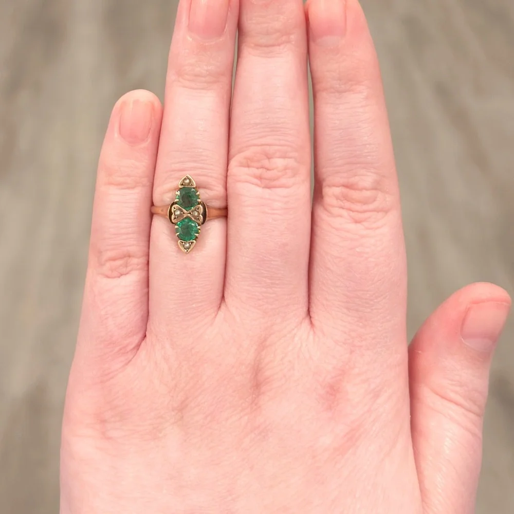 Antique Edwardian 10K Green Ring, Size 5.5, Rose Gold, Navette - Picture 13 of 17